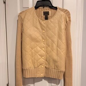 Tan Leather Cotton Sweater Jacket